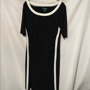 LAUREN RALPH LAUREN Black and White Sheath Midi Dress SIZE 14 SOFT SIDE RUCHING